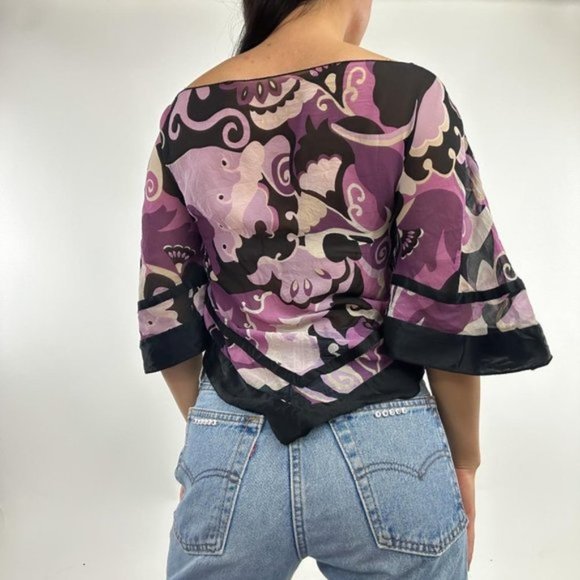 rare floral semi sheer 100% silk ruffle scarf top - Picture 3 of 3